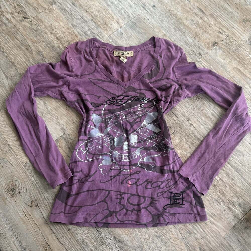 Ed Hardy Love Kills Slowly Long Sleeve V-Neck Shirt Size S - Picture 5 of 8
